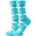 Unisex light blue crew socks featuring a vibrant rainbow and cloud design pattern - Sizes 36 To 43 / Rainbow Rain