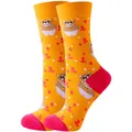 Orange crew socks with cute cartoon bears and hearts, featuring pink heels and toes. - Sizes 36 To 43 / Coffee Bear