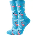 Vibrant blue crew socks featuring a whimsical pink flamingo and palm leaf pattern - Sizes 36 To 43 / Blue Flamingo