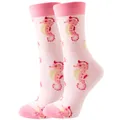 Cute pink mid-calf socks featuring a cartoon seahorse pattern, soft and breathable cotton - Sizes 36 To 43 / Pink Seahorse