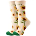 Cream mid-calf crew socks featuring vibrant yellow sunflower pattern and green toe detail - Sizes 36 To 43 / Sunflower