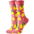 Pink crew socks featuring vibrant yellow lemon and white flower patterns - Sizes 36 To 43 / Pink Lemon