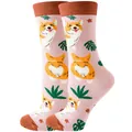 Adorable pink women's crew socks featuring cute cartoon corgi dogs and leaf patterns - Sizes 36 To 43 / Pink Corgi