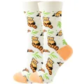 Cute cream crew socks with cartoon red panda and bamboo pattern for women - Sizes 36 To 43 / White Red Raccoon