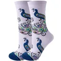 Soft purple mid-calf socks featuring colorful artistic peacock embroidery pattern - Sizes 36 To 43 / Purple Peacock