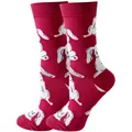 Cozy wine red crew socks with cute white rabbit animal pattern for autumn and winter - Sizes 36 To 43 / Rose Red Rabbit