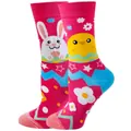Cute pink mid-calf socks with adorable cartoon bunny and chick patterns for women - Sizes 36 To 43 / Easter Chick