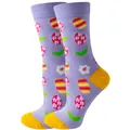 Lavender mid-calf socks with vibrant floral and striped patterns and yellow heels - Sizes 36 To 43 / Purple Easter Egg