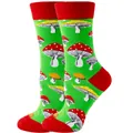 Vibrant green crew socks featuring whimsical colorful mushroom patterns with red accents - Sizes 36 To 43 / Green Mushroom
