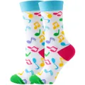 Cute white mid-tube socks with vibrant colorful music notes and green toe detail - Sizes 36 To 43 / White Musical Notes