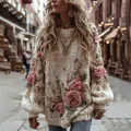 Detailansicht der 3D-Rosenstickerei auf einem cremefarbenen grob gestrickten Pullover - 3XL / Tops / 3D Rose Cremeweiß