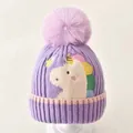 Bonnet d'hiver tricoté violet pour enfant avec un gros pompon et une licorne brodée - Style Poney / Violet