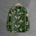 Dunkelgrüner Strickpullover mit Vintage-Bienen- und Sonnenblumen-Allover-Muster - JSTGI-5347716 / S