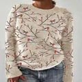 Eleganter beiger Strickpullover mit realistischem Vogel- und Zweigdruck für den Winter - JSTGI-5347719 / S