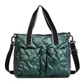 Dark green quilted puffer tote bag in space cotton with adjustable wide shoulder strap - Dark Green