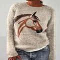 Damen Strickpullover in Haferfarbe mit detailliertem künstlerischem Pferdeprint - JSTGI-534720 / S