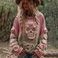 Grober Strickpullover in Rosa und Grün mit 3D-Totenkopf und floralen Applikationen. - JSTGI-5347723 / S