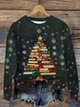 Dunkelgrüner Stepp-Pullover mit einzigartigem Weihnachtsbaum aus alten Büchern. - JSTGI-5347726 / S