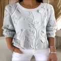 Schicker weißer Langarmpullover im französischen Stil mit detailliertem 3D-Blumenreliefdruck - JSTGI-5347729 / S