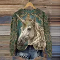 Damenpullover im Vintage-Stil mit majestätischem digitalem Einhorndruck in Gold und Grün - JSTGI-53477319 / S