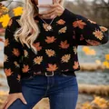Schwarzer Strickpullover mit orangefarbenem Ahornblattmuster für Damen im herbstlichen Freien - JSTGI-5347734712 / S