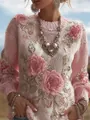Luxuriöser rosa französischer Strickpullover mit detaillierter 3D-Blumenstickerei und Perlen. - JSTGI-5347734713 / S