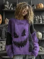 Distressed lila und schwarzer Halloween-Strickpullover mit Jack-O'-Lantern für Damen - JSTGI-5347734714 / S