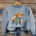Süßer blauer Strickpullover mit charmantem Hochlandrind-Print, langen Ärmeln und Rundhalsausschnitt - JSTGI-5347734715 / S