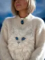 Gemütlicher beiger Strickpullover mit einem realistischen flauschigen 3D-Katzenmotiv - JSTGI-5347734716 / S