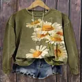 Vintage armee grünes Langarm-Sweatshirt mit großem Gänseblümchen-Druck für Damen - JSTGI-5347692 / S