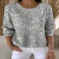 Eleganter, silberner Glitzerstrickpullover für Damen mit Rundhalsausschnitt und langen Ärmeln. - JSTGI-5347698 / S