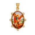 Close-up detail of a vintage 18K gold-plated religious angel pendant featuring zircon stones - Archangel Michael (S029230-4)