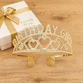 Elegant golden birthday girl rhinestone tiara crown shown with white gift box packaging - Gold Plated White Rhinestone