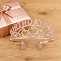 Detail view of rose gold Birthday Girl tiara with sparkling rhinestones and heart motifs - Rose Gold/White Zirconia