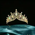 Detailed shot of luxurious gold Baroque bridal crown with marquise iridescent stones - Gold Base Aurora Borealis Style (HGA005) / Gold