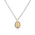 Detail of gold Miraculous Medal pendant on light purple faceted bead chain necklace. - Gold Purple Rhinestone