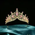 Exquisite Baroque bridal tiara with pink marquise crystals and gold finish on teal silk. - Gold Base Pink Rhinestone Style (HGA005) / Gold