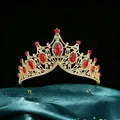 Close-up detail of luxury baroque bridal tiara featuring vibrant red marquis rhinestones - Gold Base Red Rhinestone Style (HGA005) / Gold