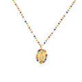 Macro detail of a religious Virgin Mary pendant necklace with vibrant multi-color beads. - Gold With Colorful Rhinestones