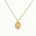 Detailed macro shot of a gold-plated stainless steel oval Virgin Mary pendant necklace - Gold with Champagne Rhinestone