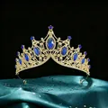 Detailed view of baroque bridal tiara with marquise blue stones and gold-tone finish - Gold Base Blue Rhinestone Style (HGA005) / Gold