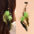 Fermaglio per capelli bohémien con piume verdi lunghe, nappe e perline di legno. - Stile Verde (DC1006) / 1 Pezzo / Verde
