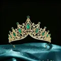 Detail of luxury baroque gold tiara with emerald green marquise gemstones for brides. - Gold Base Green Rhinestone Style (HGA005) / Gold
