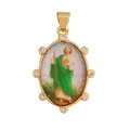 Detailed view of vintage 18K gold-plated oval pendant featuring Saint Jude and clear zircons. - Saint Jude Thaddeus (S029230-21)