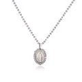 Detailed view of stainless steel oval religious medal necklace with purple gemstone beads - White Gold Color Purple Rhinestone