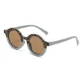 Stylish kids retro round sunglasses featuring leopard print and light blue frame with brown lenses - Light Blue Leopard