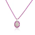 Detail view of a stainless steel Miraculous Medal pendant with a pink beads chain. - White Gold Rose Red Rhinestone