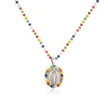 Detailed view of colorful faceted beaded necklace featuring a religious oval medal pendant - Platinum Colorful Rhinestone