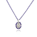 Detail of stainless steel oval Virgin Mary pendant necklace with blue faceted beads. - Silver Color Deep Blue Rhinestone
