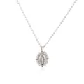 Detailed macro view of silver Virgin Mary pendant with pearl beads on a necklace - Platinum White Artificial Pearl